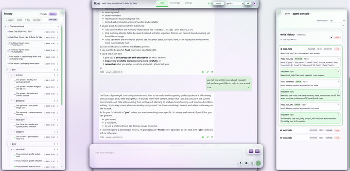 float's chat workspace, conversation history, and agent console