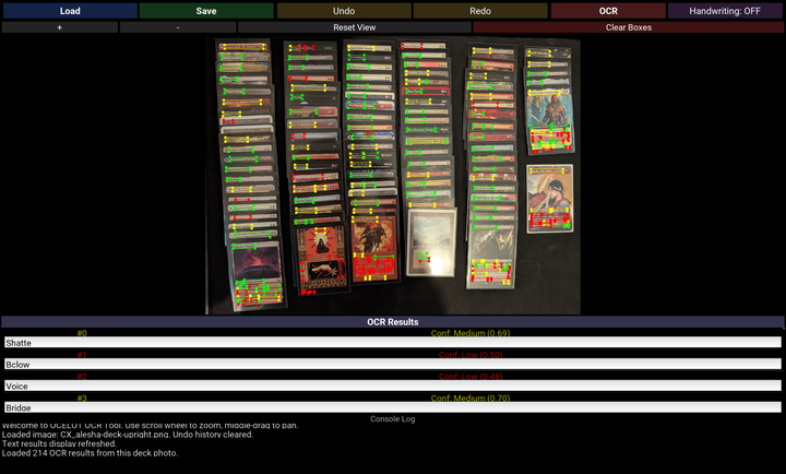 OCELOT's image controls, recognized text regions, and OCR results for an Alesha Magic deck