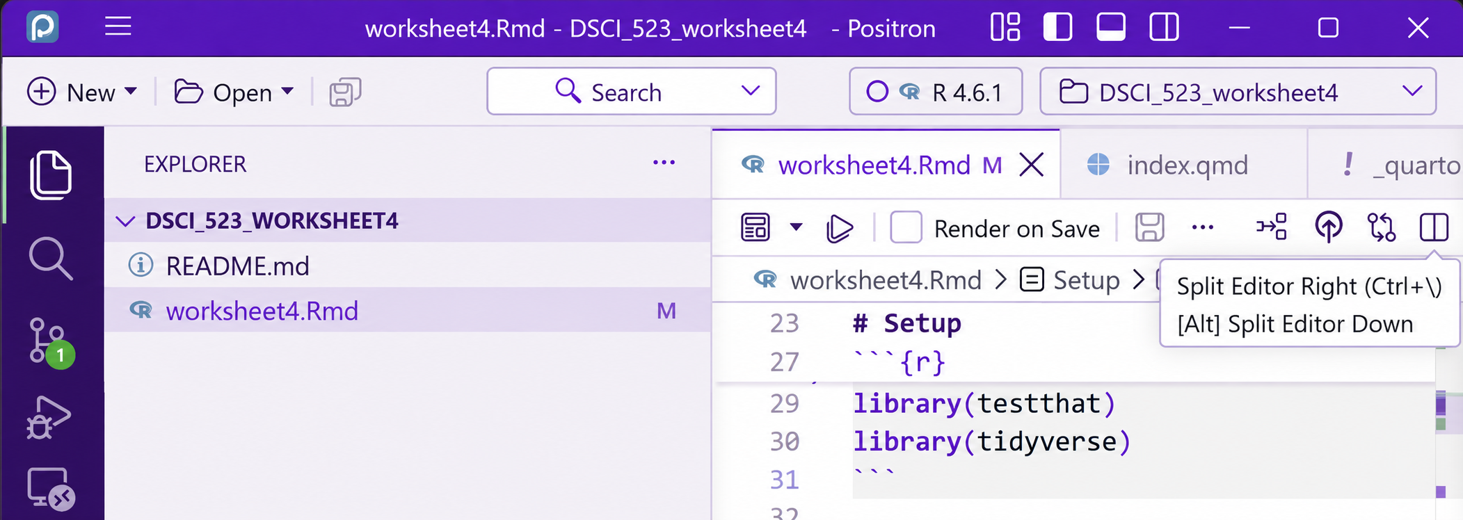 Positron with a violet and lavender theme, showing an R Markdown file in Source view. Identifying repository suffixes have been covered.